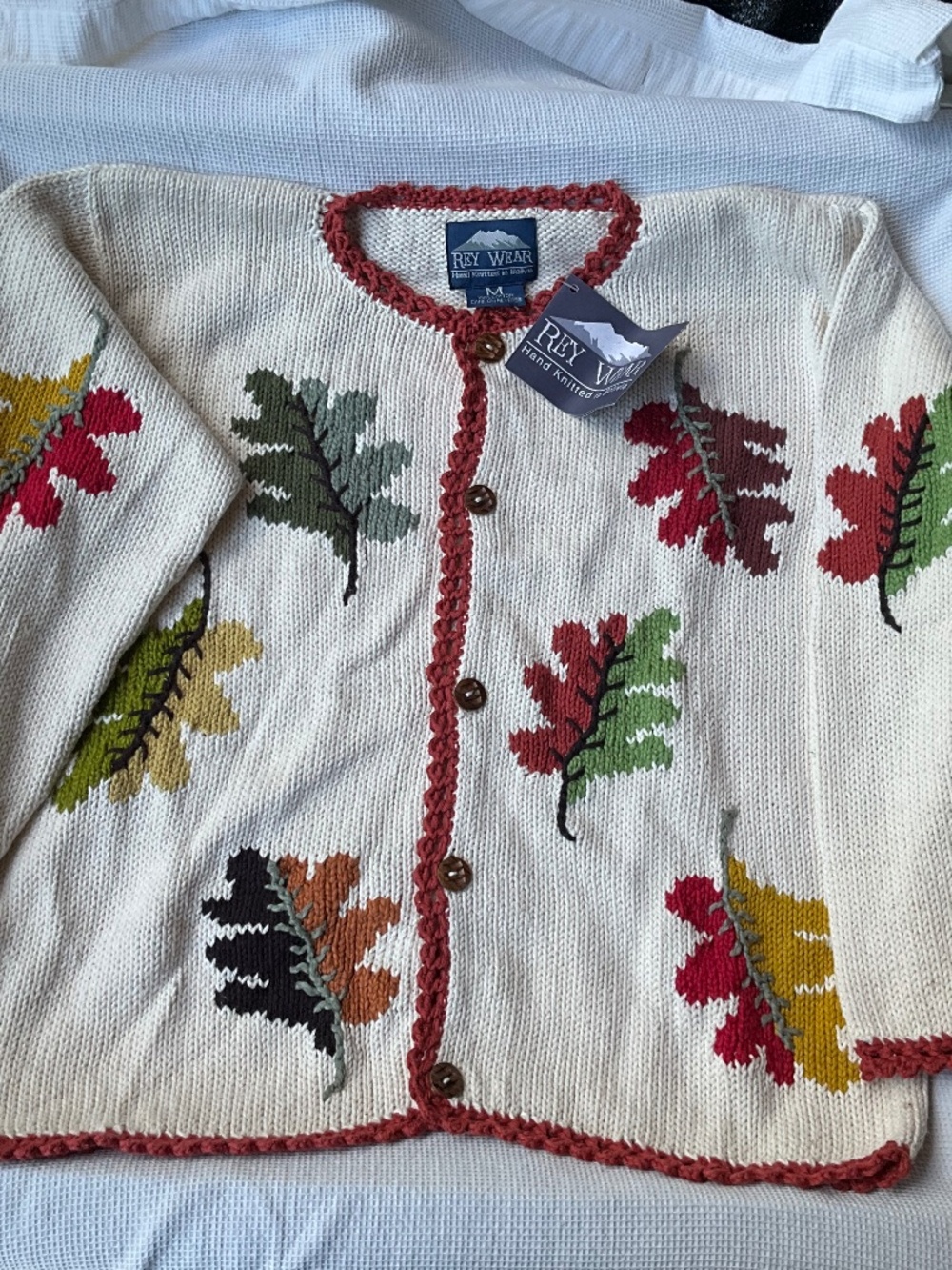 Hand knitted Autumn Leaf sweater. Bolivia. Wood buttons. Beautiful. Size M